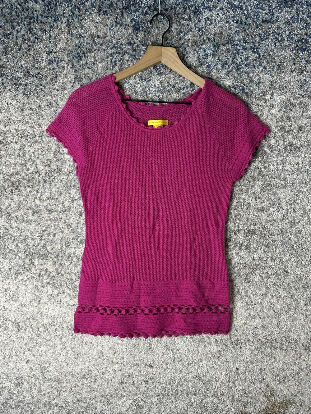 Catherine Malandrino Sweater Womens Large Pink 100% Cashmere Crochet Trim Knit